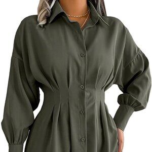 Pleated Long Sleeve Mini T Shirt Dress Lapel Collar Button Flared Ruched Short